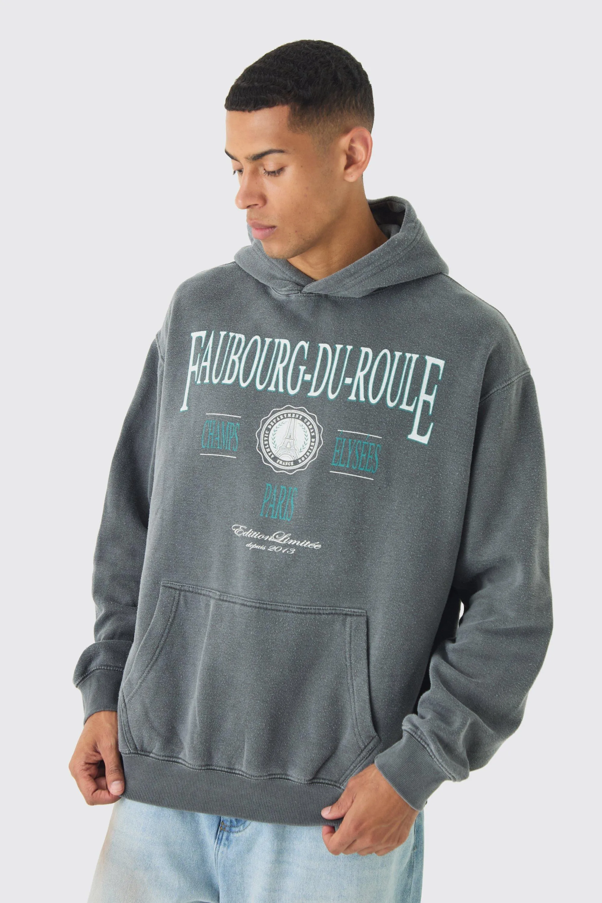 Oversized Washed Faubourg-Du-Roule Hoodie | boohooMAN UK