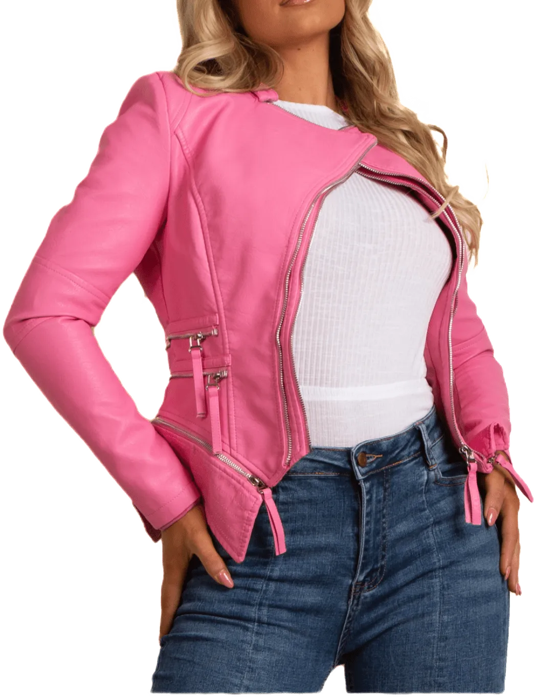 Pink PU Double Zip Biker Jacket