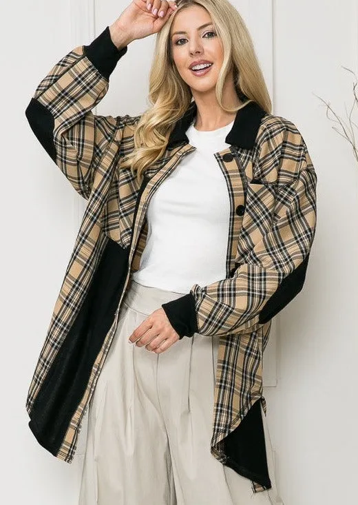 Plaid Print Shirt Jacket with Color Block Detail Made in USA - Clearance Final Sale