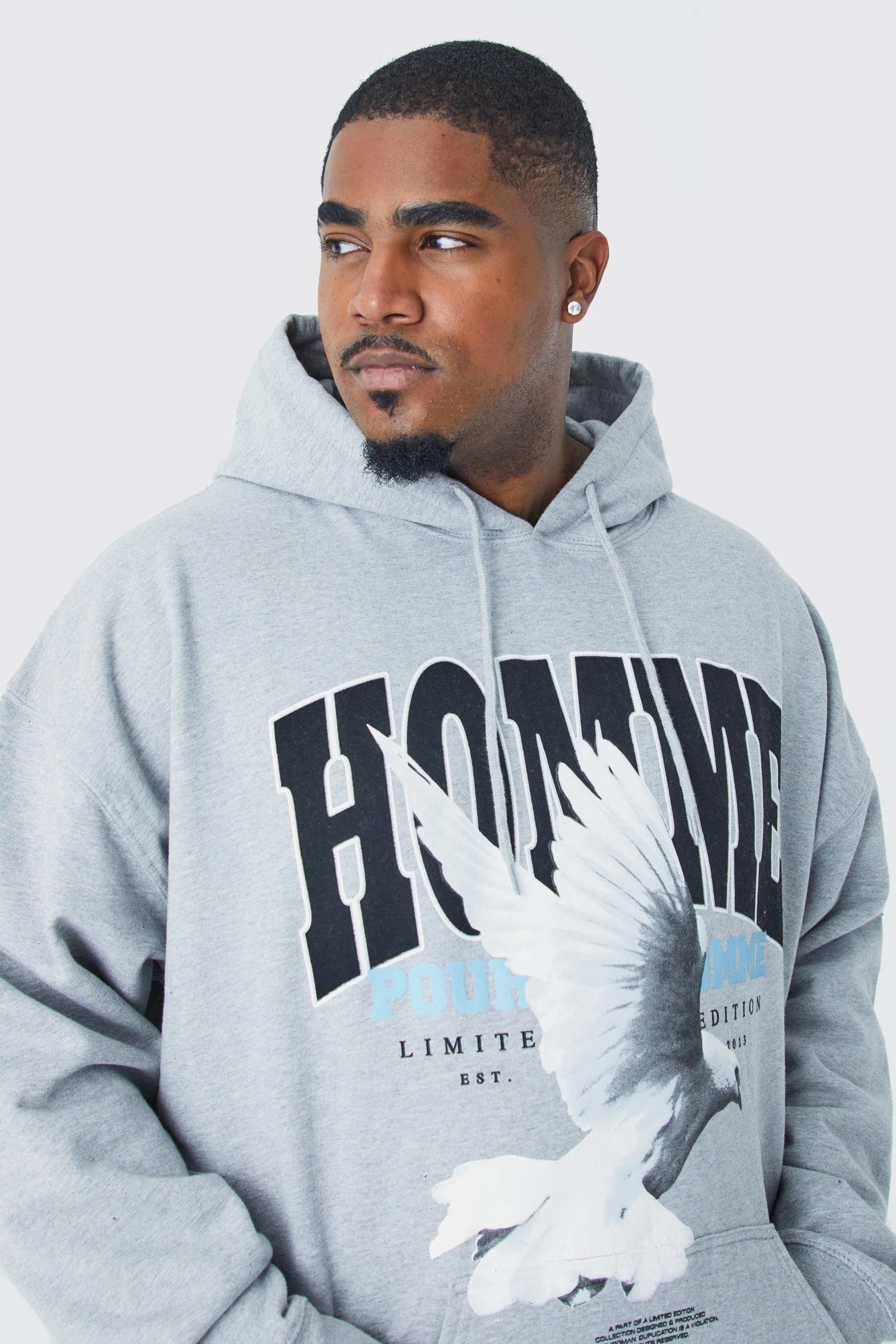 Plus Oversized Homme Dove Print Graphic Hoodie | boohooMAN UK