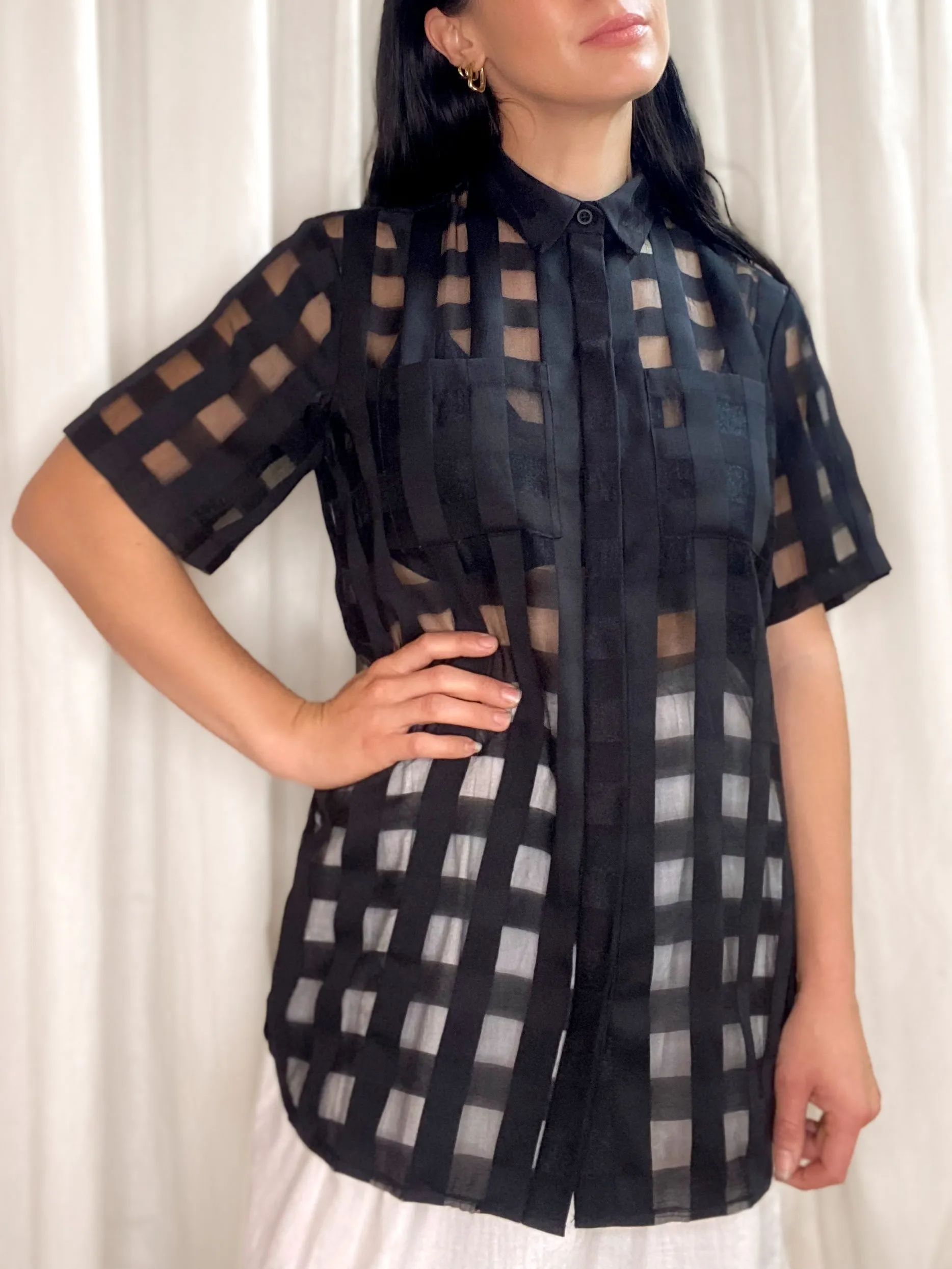  PRE-LOVED  Alice McCall Checked Shirt [ Black, Organza, Short Sleeved, Size 8 ]