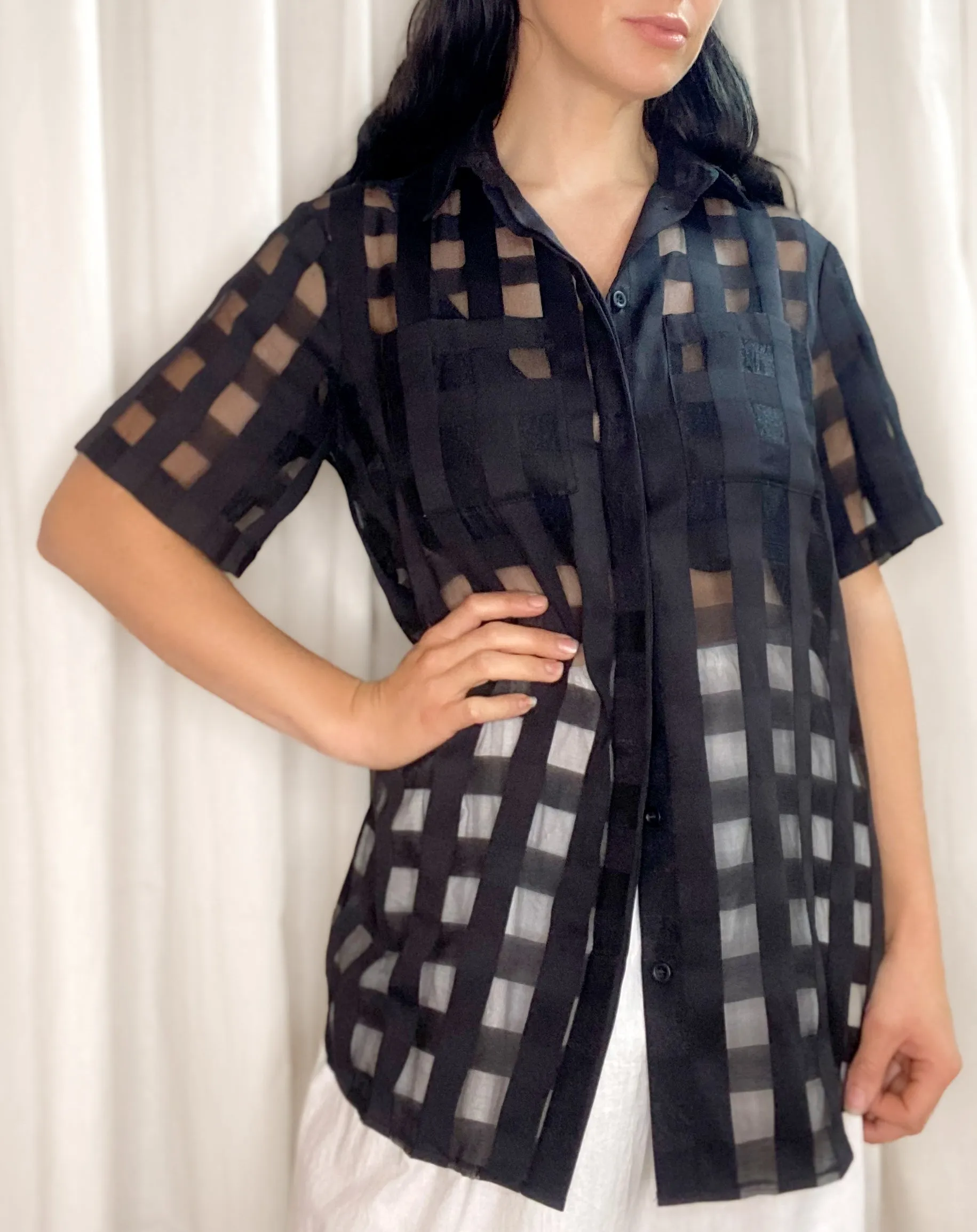  PRE-LOVED  Alice McCall Checked Shirt [ Black, Organza, Short Sleeved, Size 8 ]