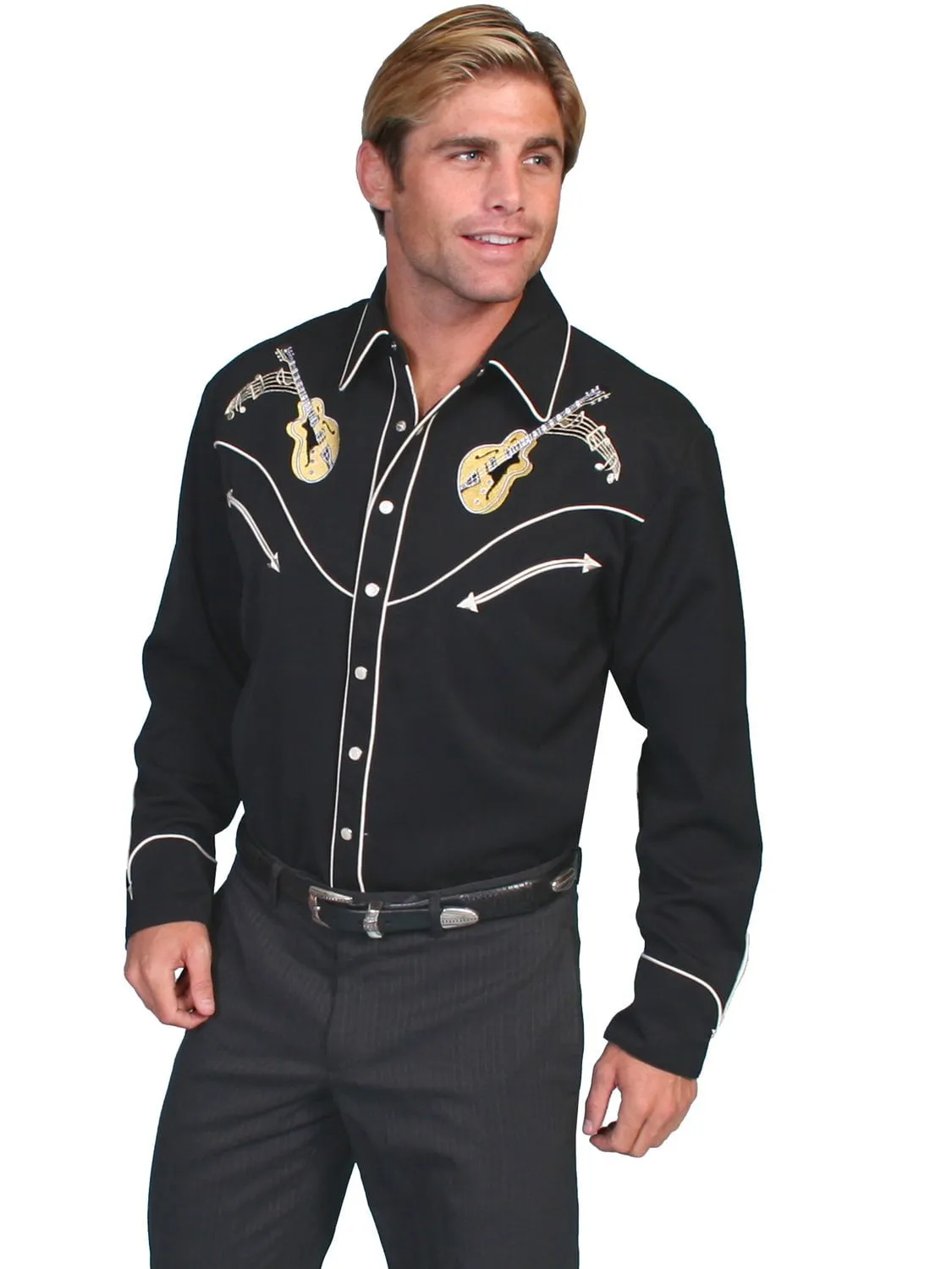 Scully Mens Shirt Western Black Poly Blend Rock 'n Roll Stitch L/S