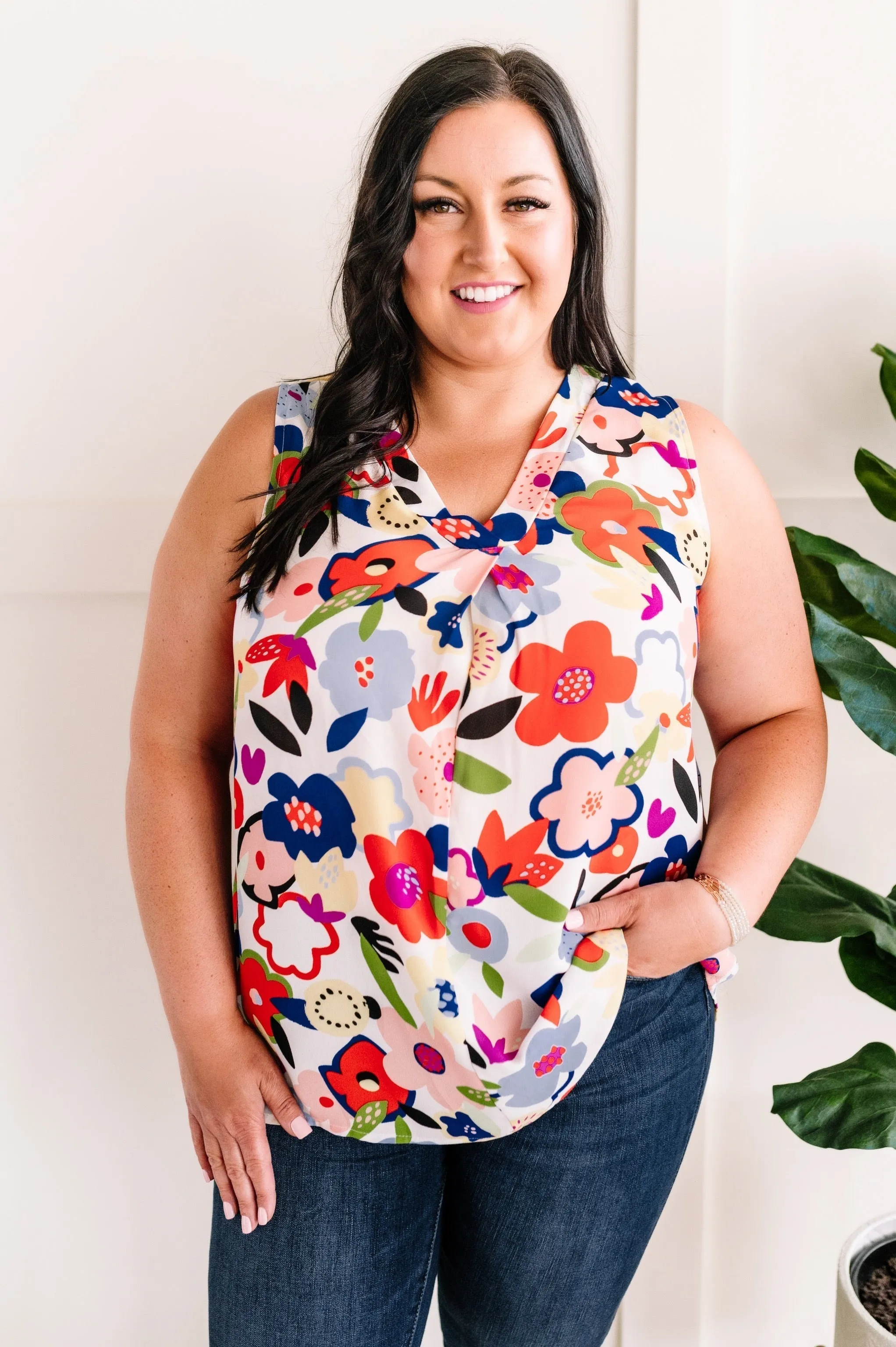 Sleeveless Blouse In Bright Florals