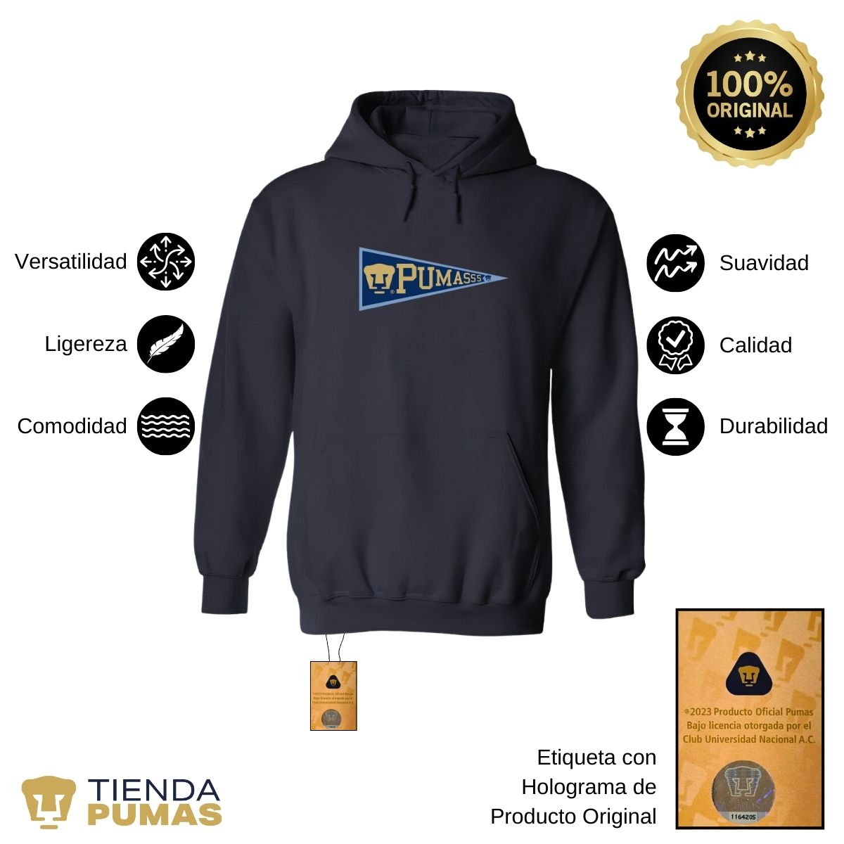 Sudadera Hombre Hoodie Pumas UNAM Banderín