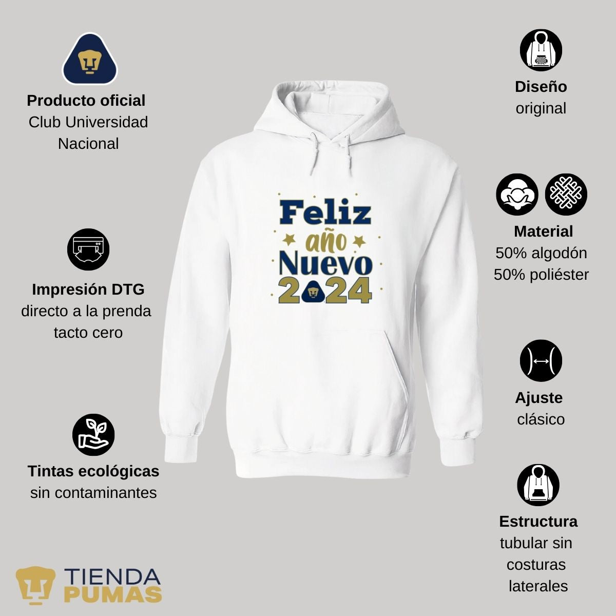 Sudadera Hombre Hoodie Pumas UNAM Feliz Ao Nuevo