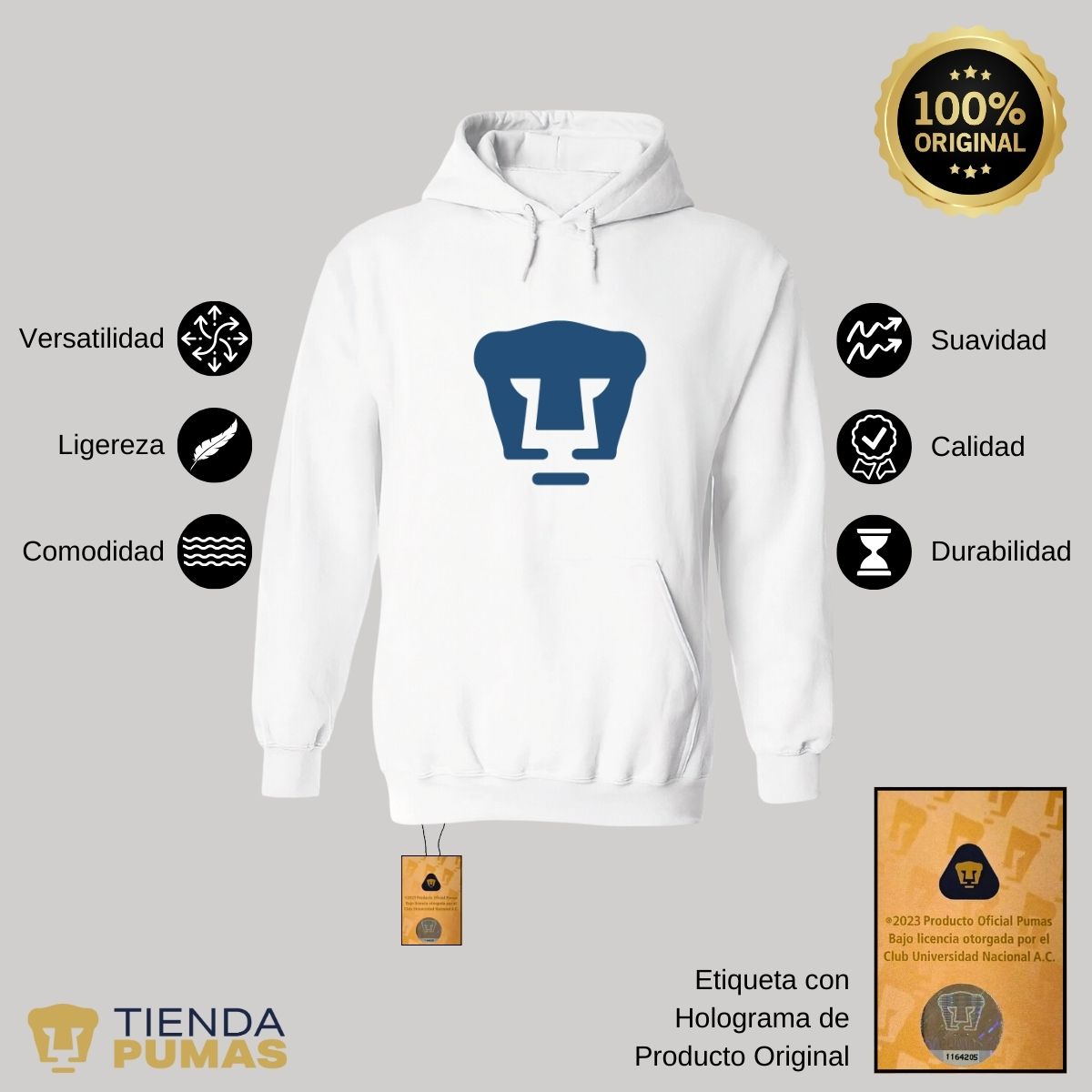 Sudadera Hombre Hoodie Pumas UNAM Logo Azul Vinil