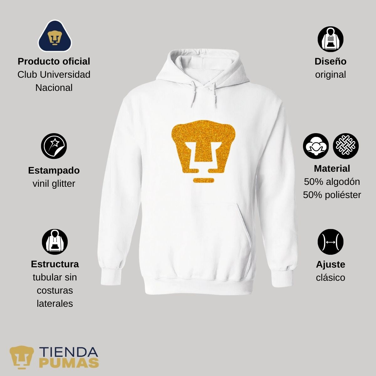 Sudadera Hombre Hoodie Pumas UNAM Logo Dorado Glitter