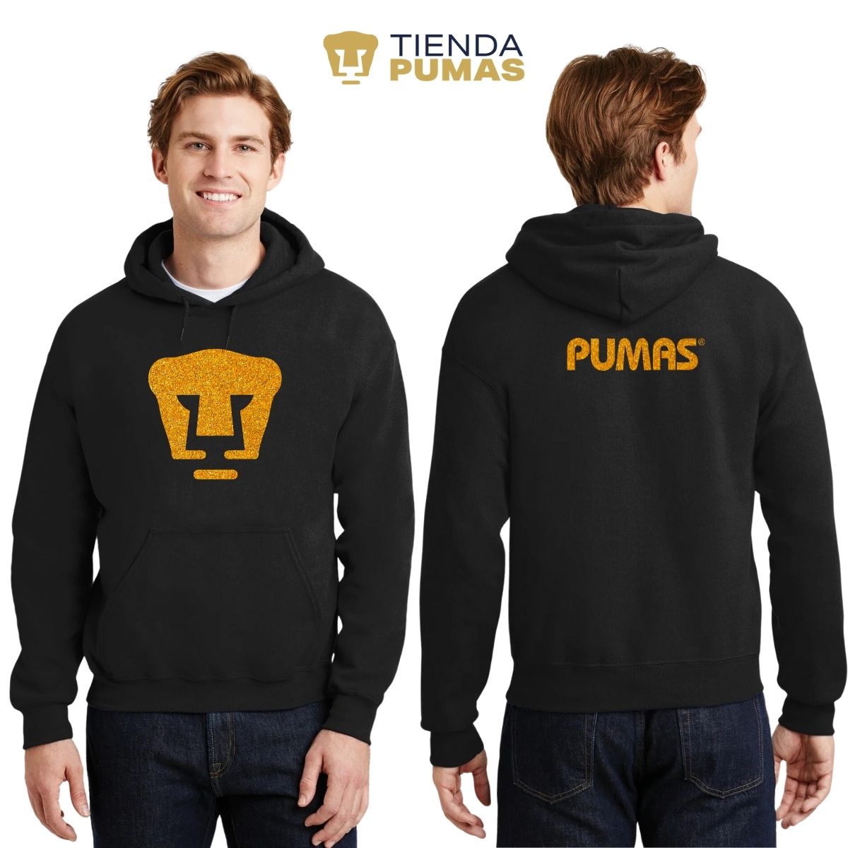 Sudadera Hombre Hoodie Pumas UNAM Logo Dorado Glitter