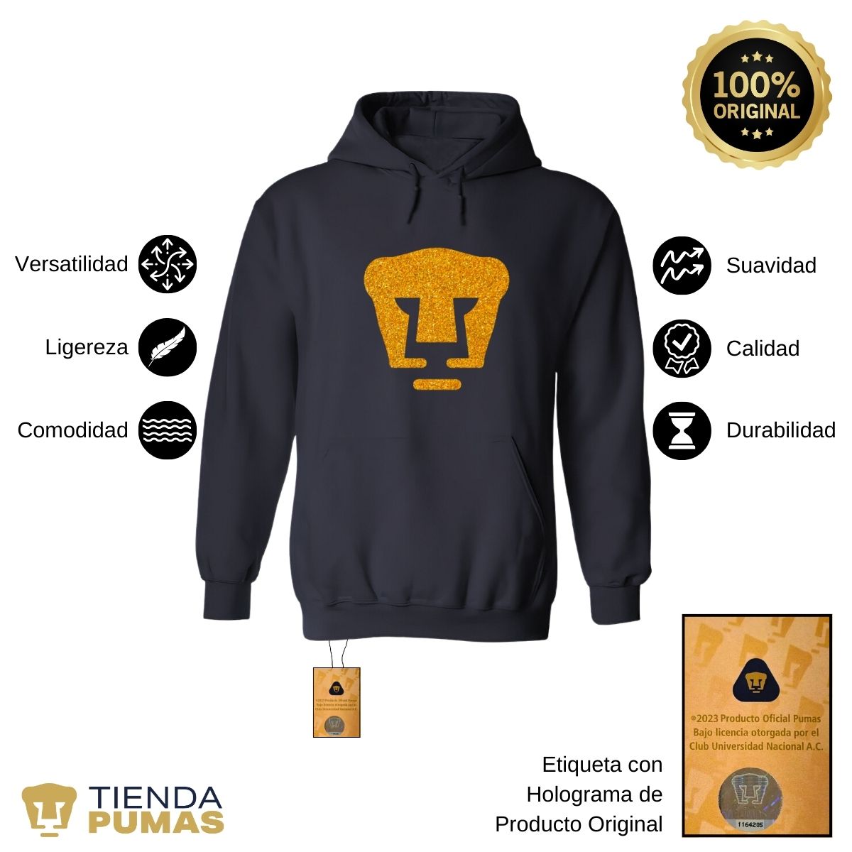 Sudadera Hombre Hoodie Pumas UNAM Logo Dorado Glitter