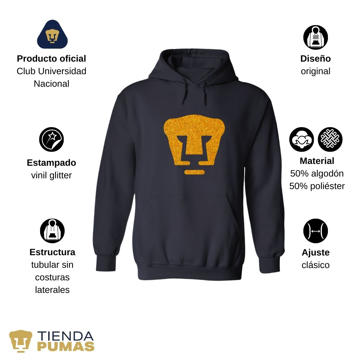 Sudadera Hombre Hoodie Pumas UNAM Logo Dorado Glitter