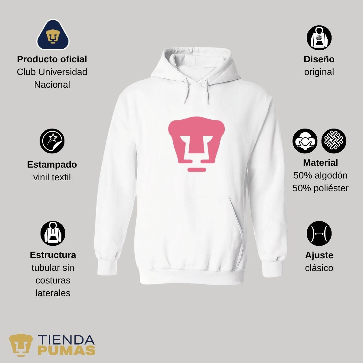 Sudadera Hombre Hoodie Pumas UNAM Logo Rosa Vinil