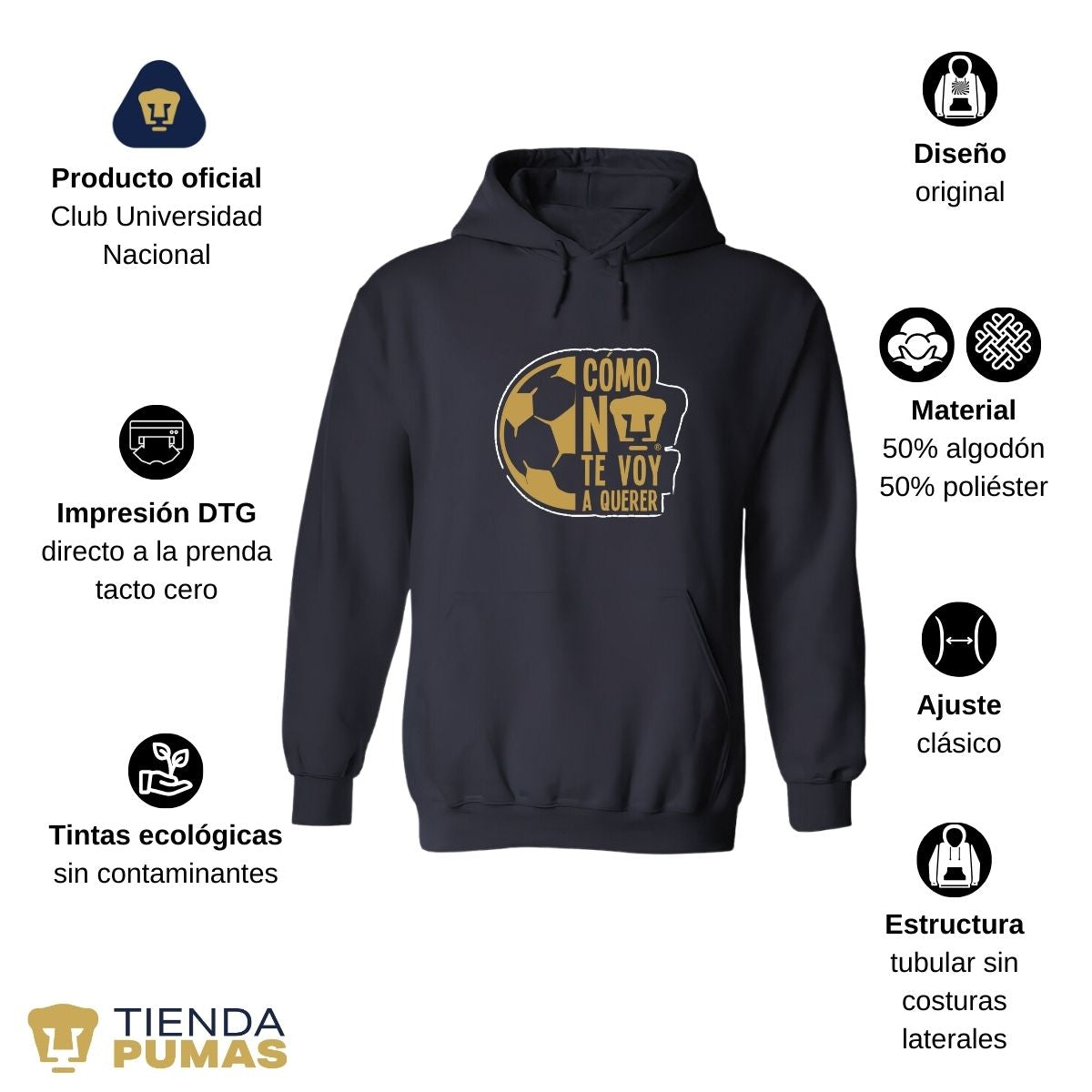 Sudadera Hombre Hoodie Pumas UNAM Medio Balón