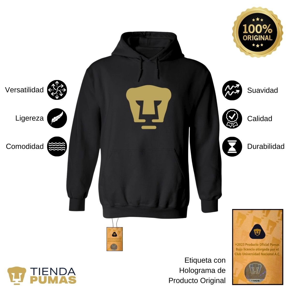 Sudadera Mujer Hoodie Pumas UNAM Logo Dorado Vinil