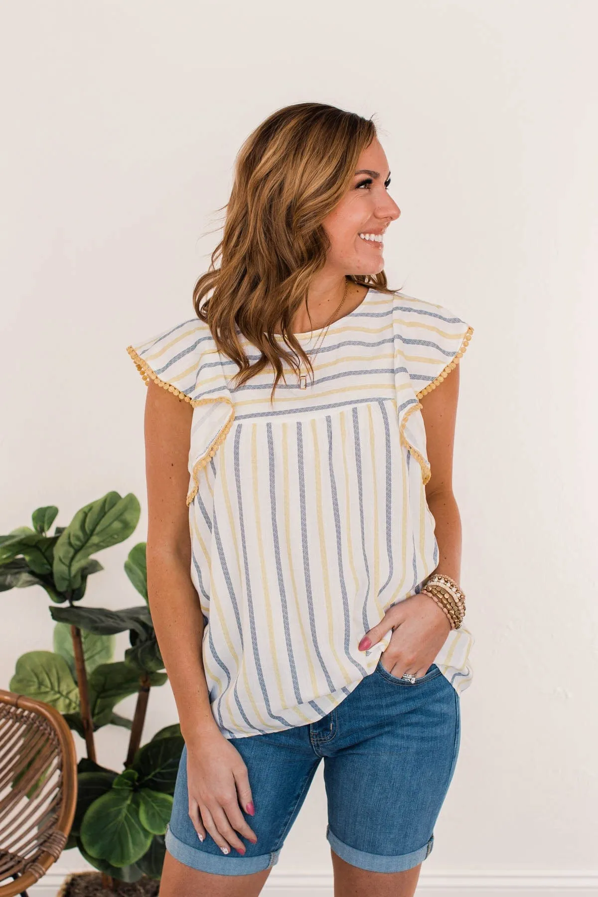 Sunshine Days Striped Blouse- Yellow & Navy