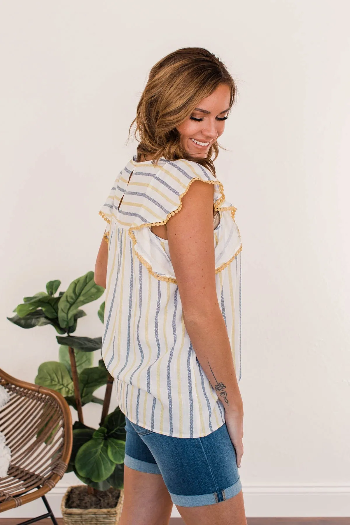 Sunshine Days Striped Blouse- Yellow & Navy