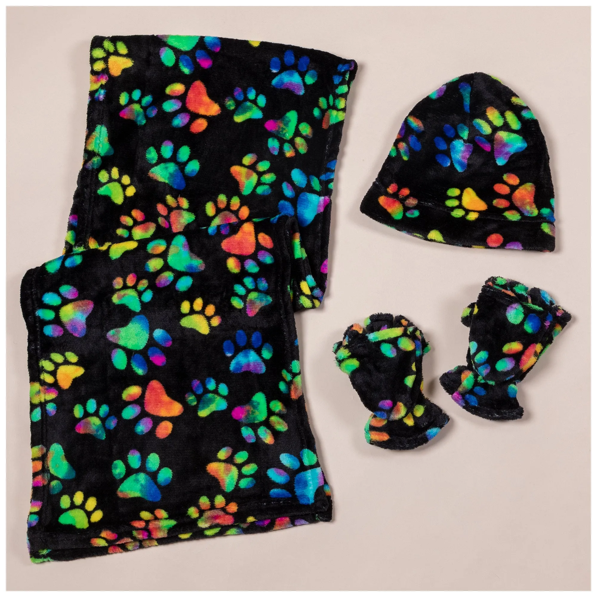 Super Cozy™ Paw Print Fleece Accessories Set