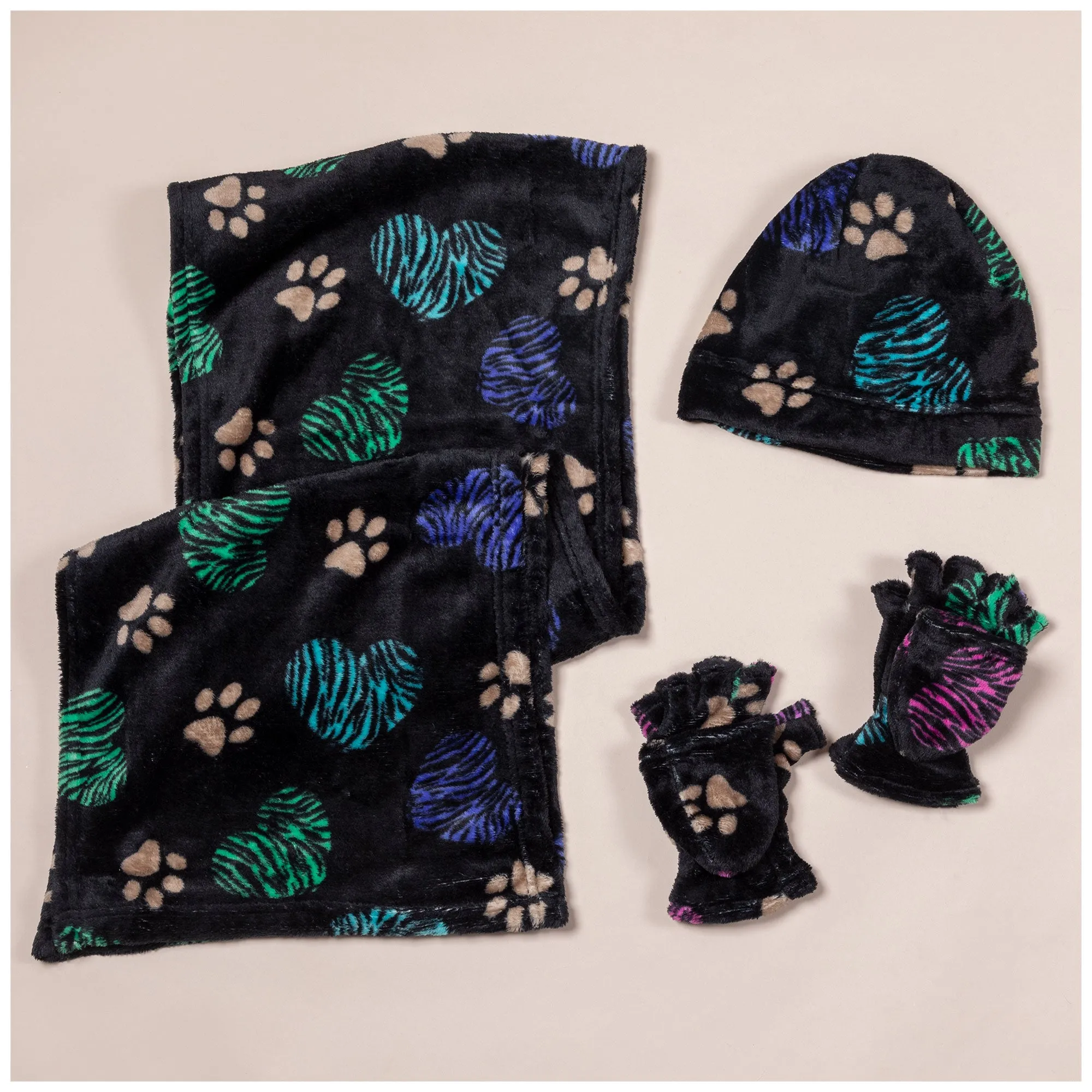 Super Cozy™ Paw Print Fleece Accessories Set