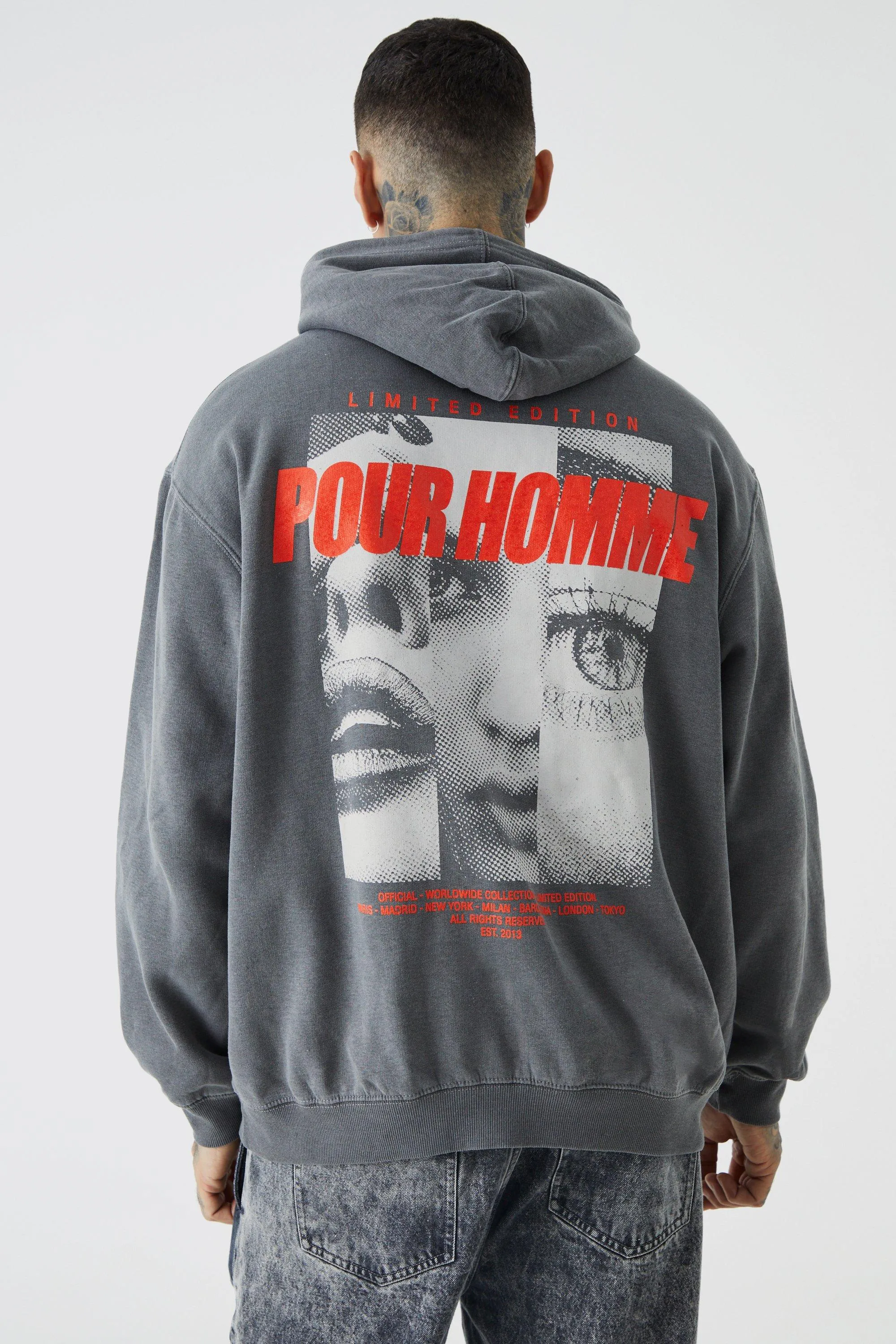 Tall Oversized Pour Homme Acid Wash Graphic Hoodie | boohooMAN UK