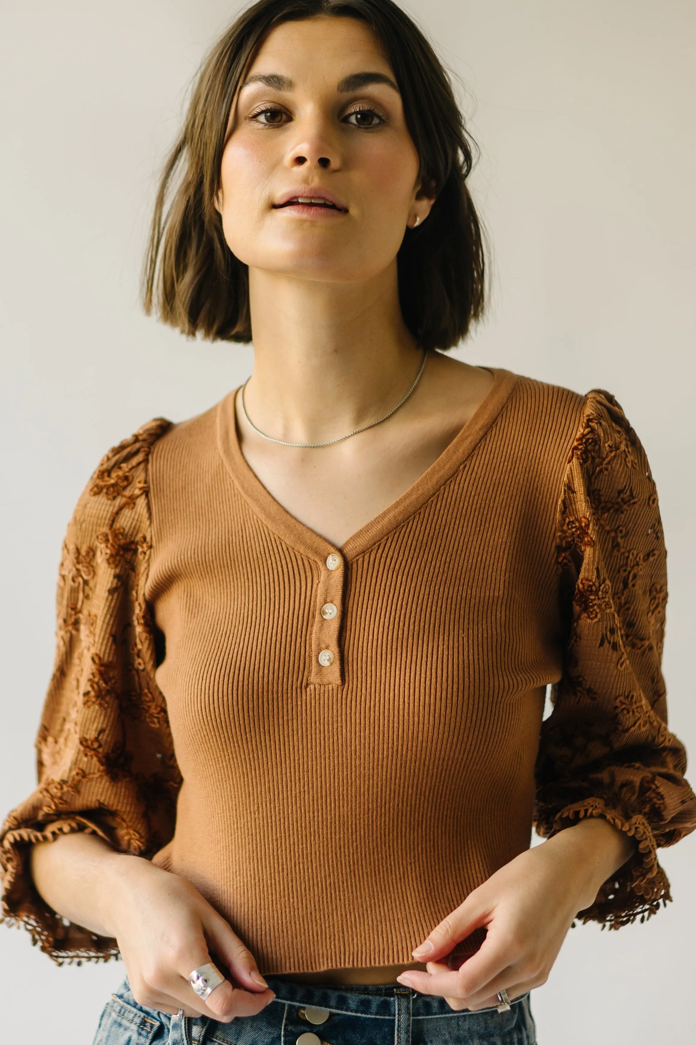 The Harpswell Lace Contrast Blouse in Brown