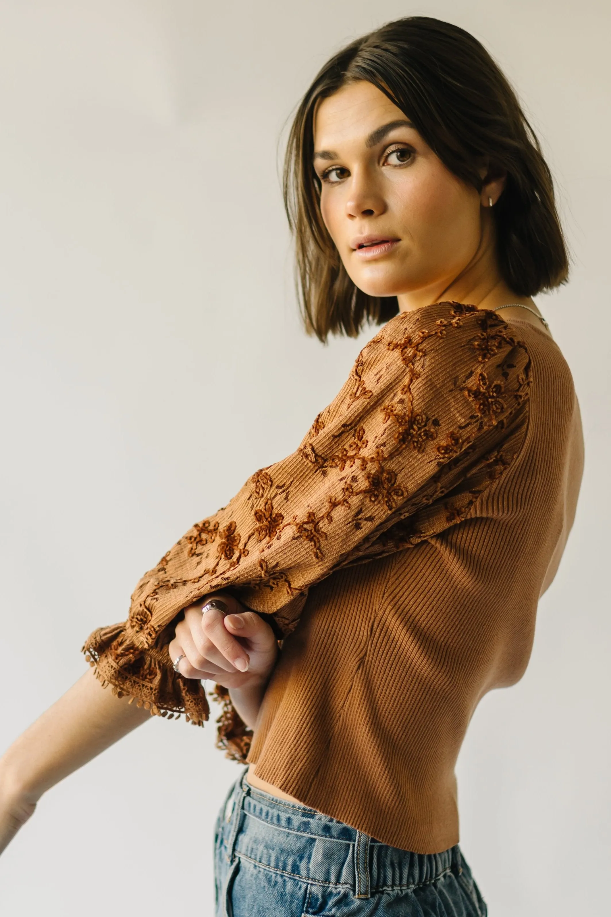 The Harpswell Lace Contrast Blouse in Brown