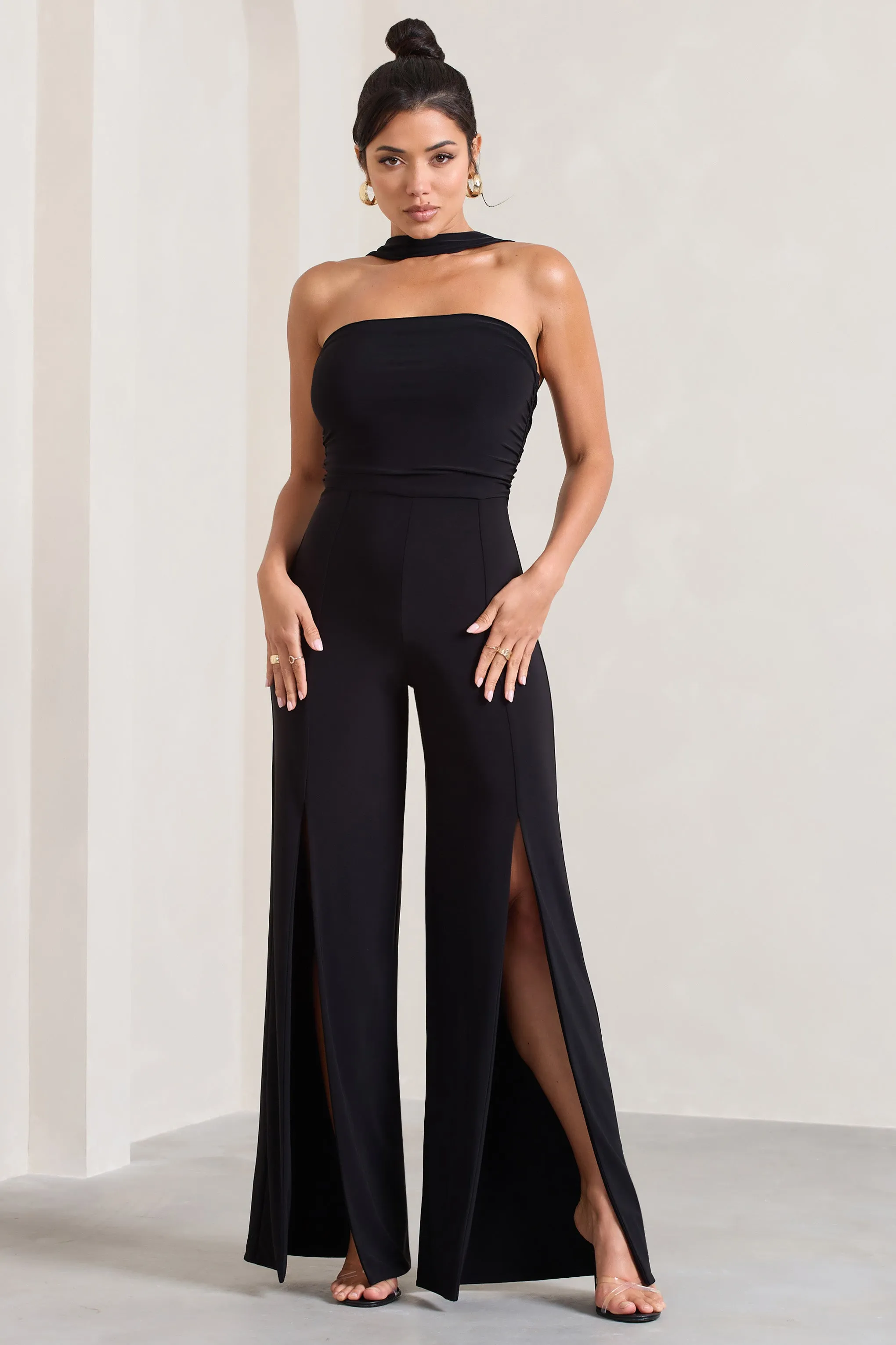 The Next Naomi | Black Halter-Neck Bandeau Split-Leg Jumpsuit