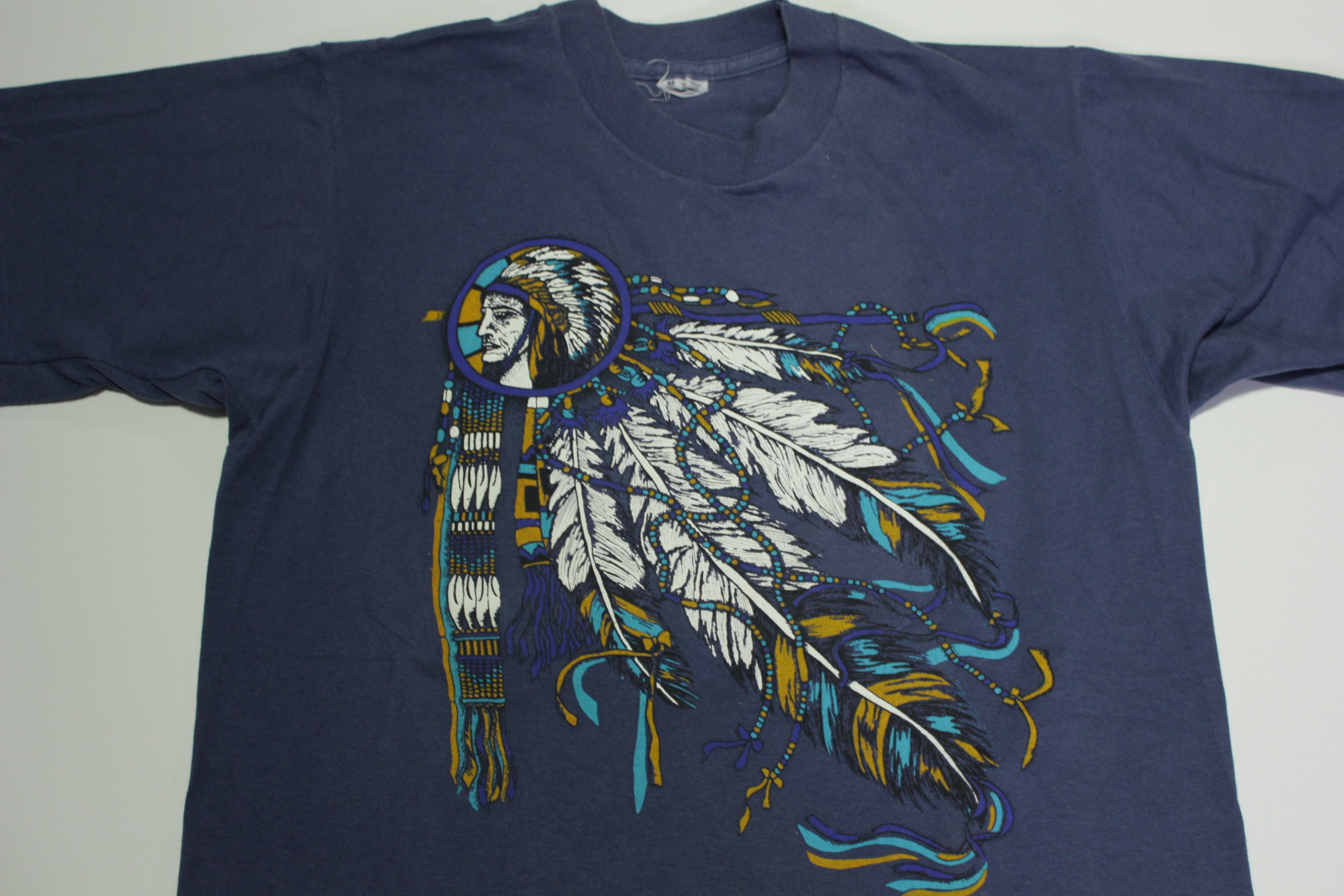 Tribal Native American Indian Vintage 90's Feather Headdress Single Stitch T-Shirt