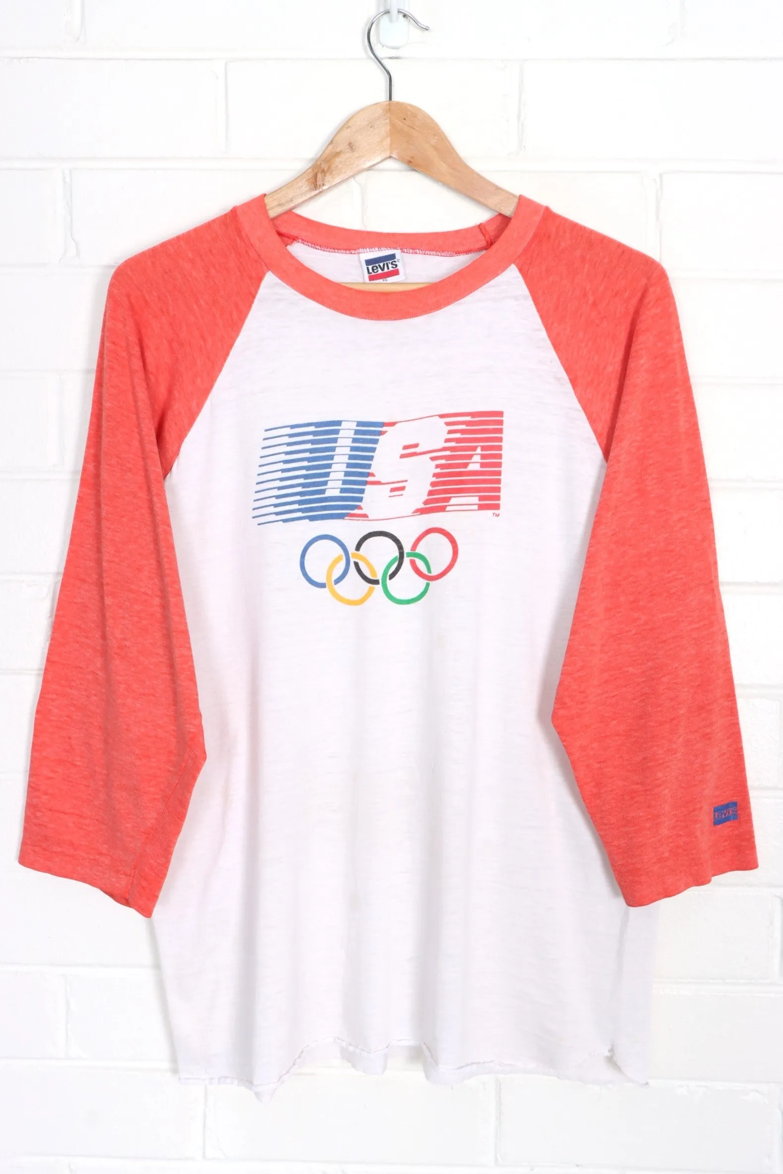 Vintage LEVI'S Olympics Team USA 80s Single Stitch Paper Thin Raglan T-Shirt (L)