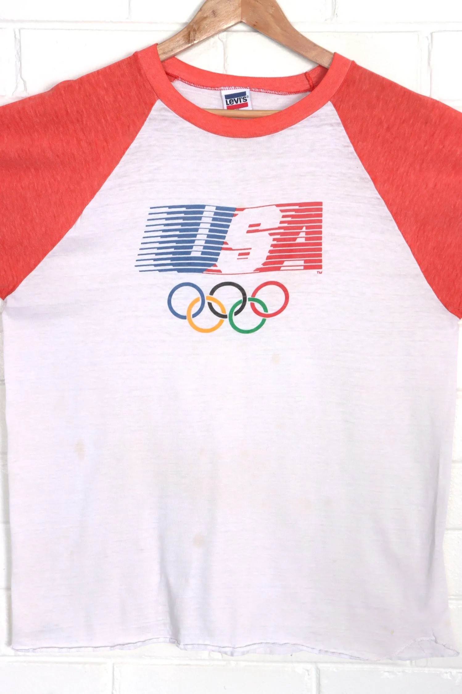 Vintage LEVI'S Olympics Team USA 80s Single Stitch Paper Thin Raglan T-Shirt (L)