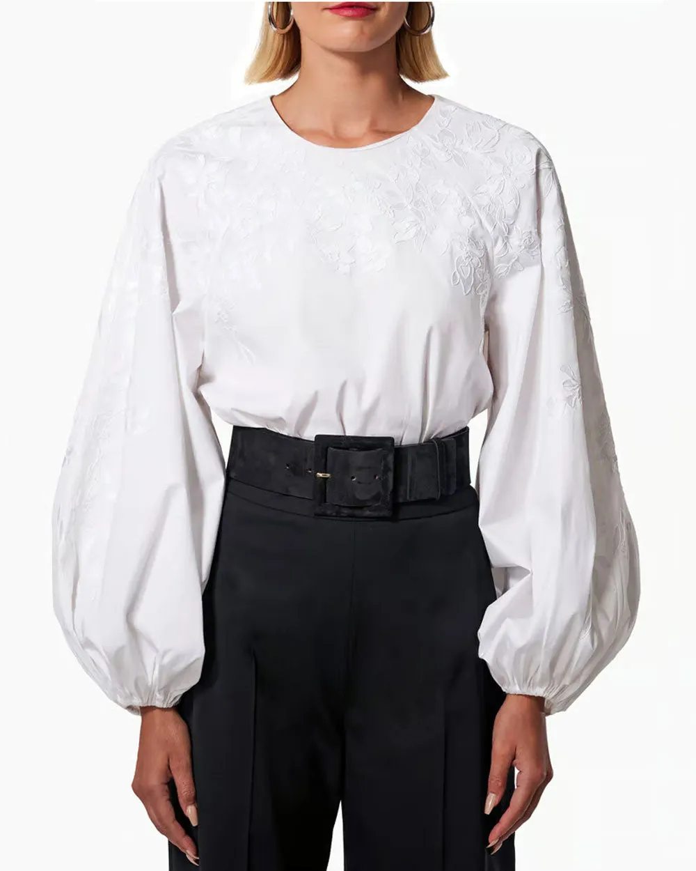 White Embroidered Puff Sleeve Blouse