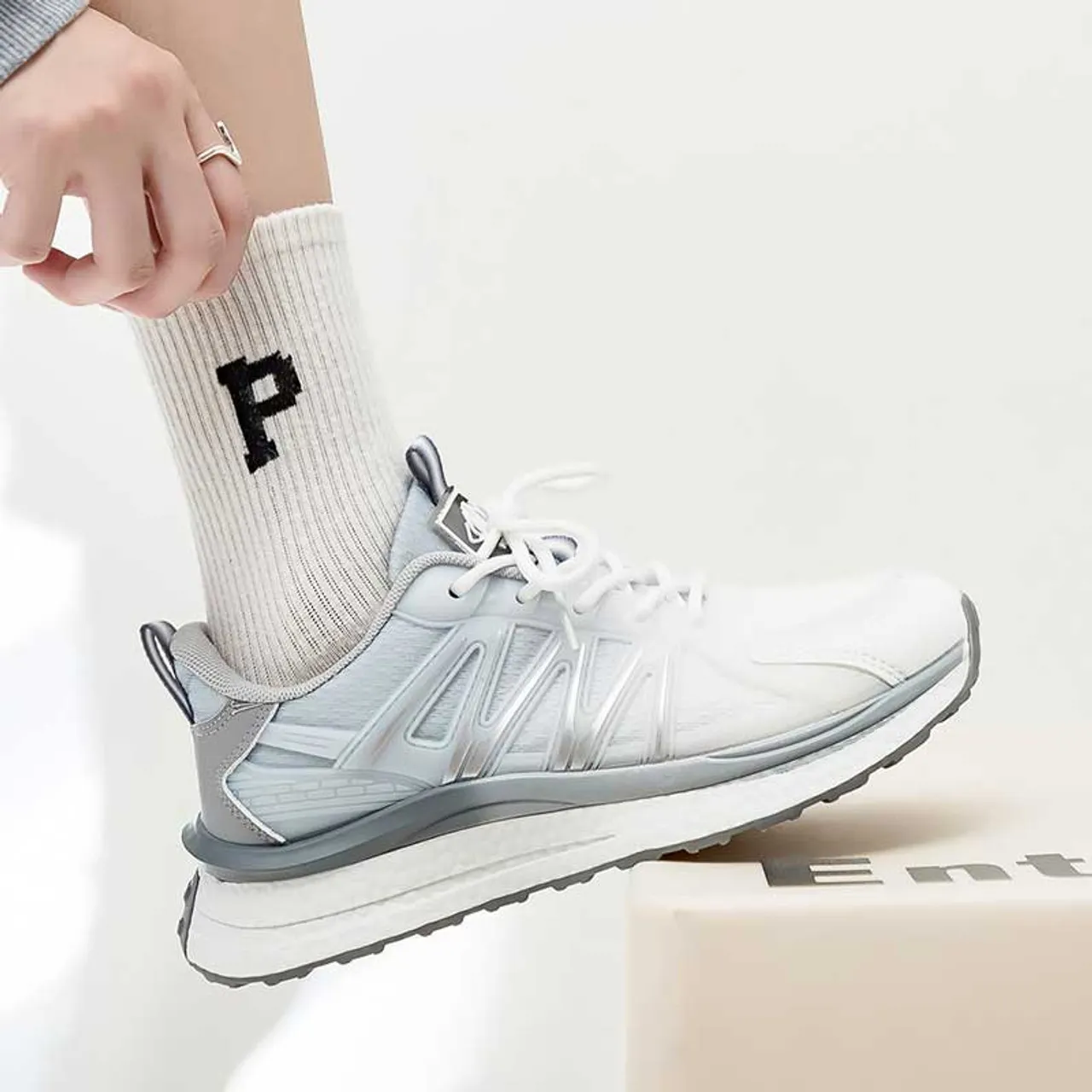 White grey logo pattern stripe shoe sneaker