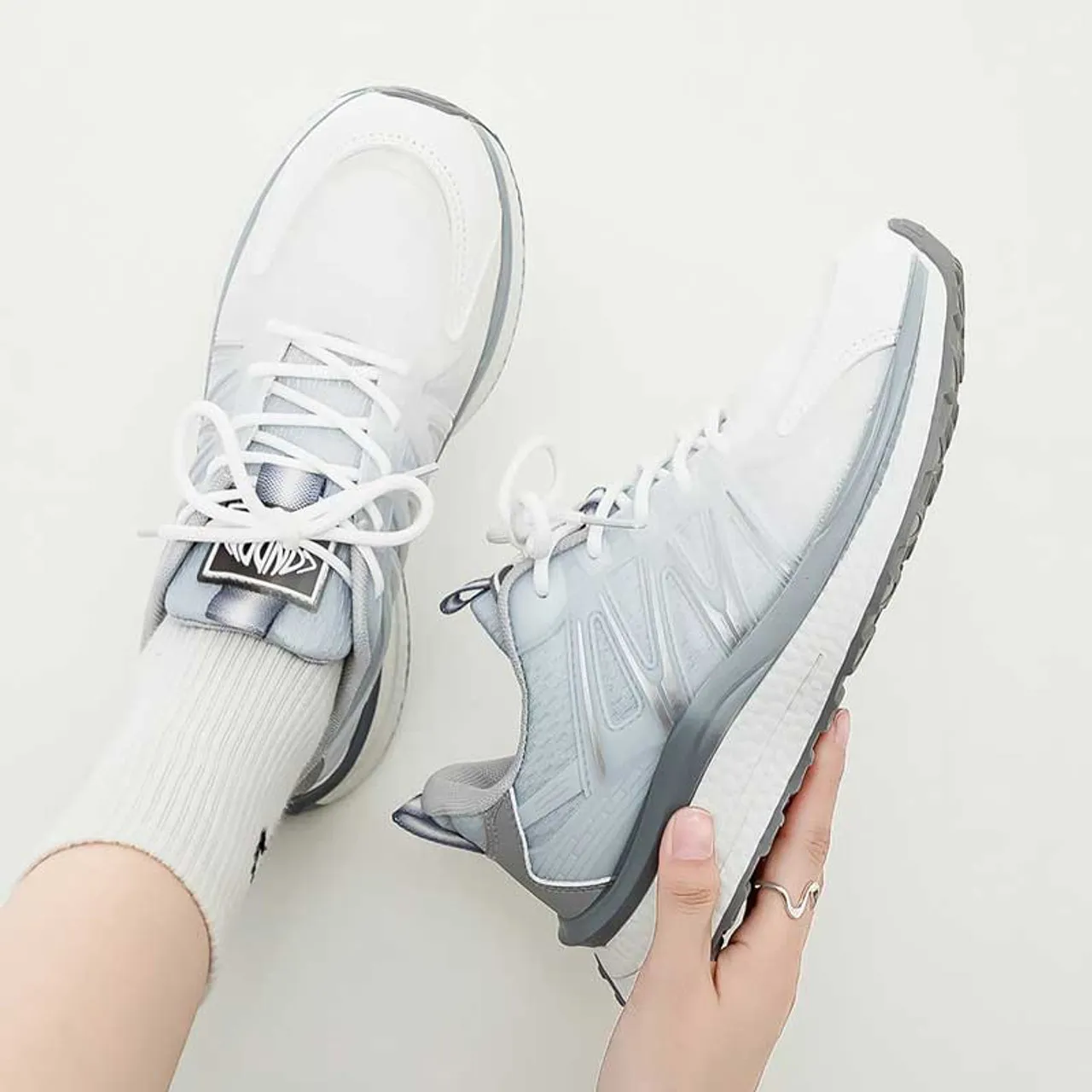 White grey logo pattern stripe shoe sneaker