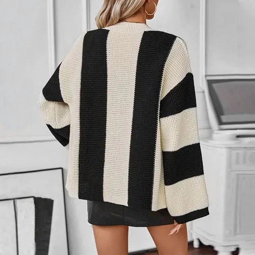 Women's Elegant Streetwear Color Block Stripe Contrast Binding Single Breasted Cardigan Sweater