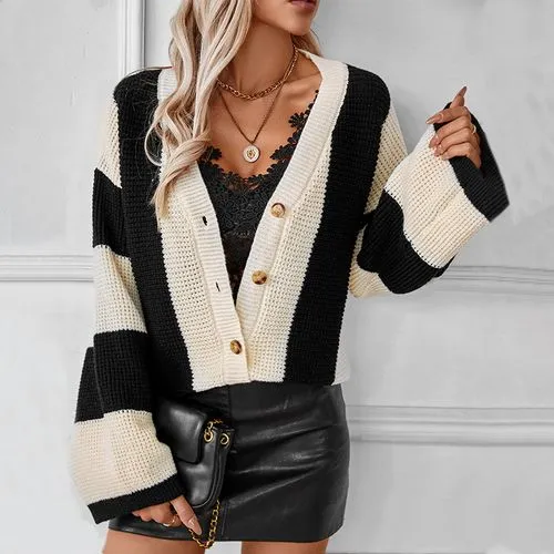 Women's Elegant Streetwear Color Block Stripe Contrast Binding Single Breasted Cardigan Sweater