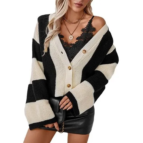 Women's Elegant Streetwear Color Block Stripe Contrast Binding Single Breasted Cardigan Sweater