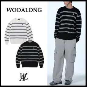 WOOALONG  |Crew Neck Stripes Unisex Blended Fabrics Street Style