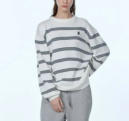 WOOALONG  |Crew Neck Stripes Unisex Blended Fabrics Street Style