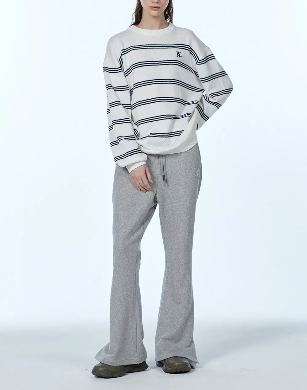 WOOALONG  |Crew Neck Stripes Unisex Blended Fabrics Street Style