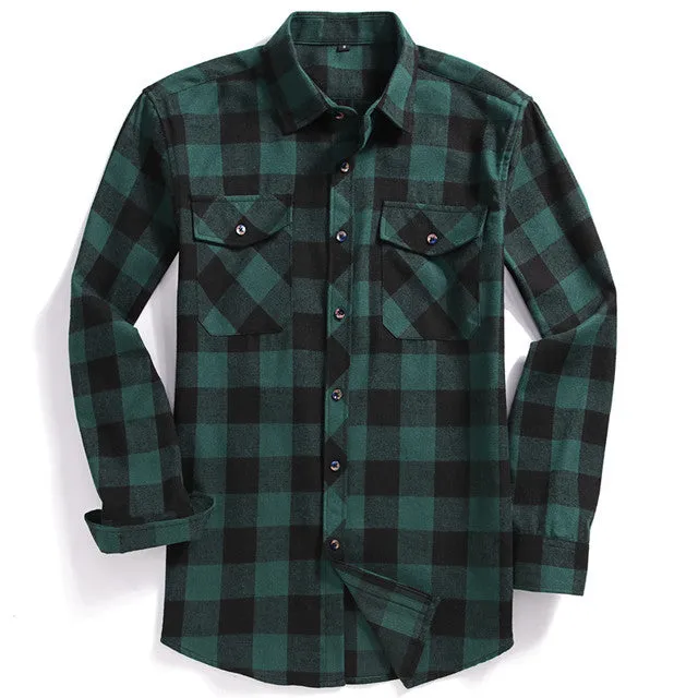 Xituodai Fall Men's Flannel Plaid Long-Sleeved Casual Button Shirt USA Regular Fit Size S To 2XL, Classic Checkered, Double Pock