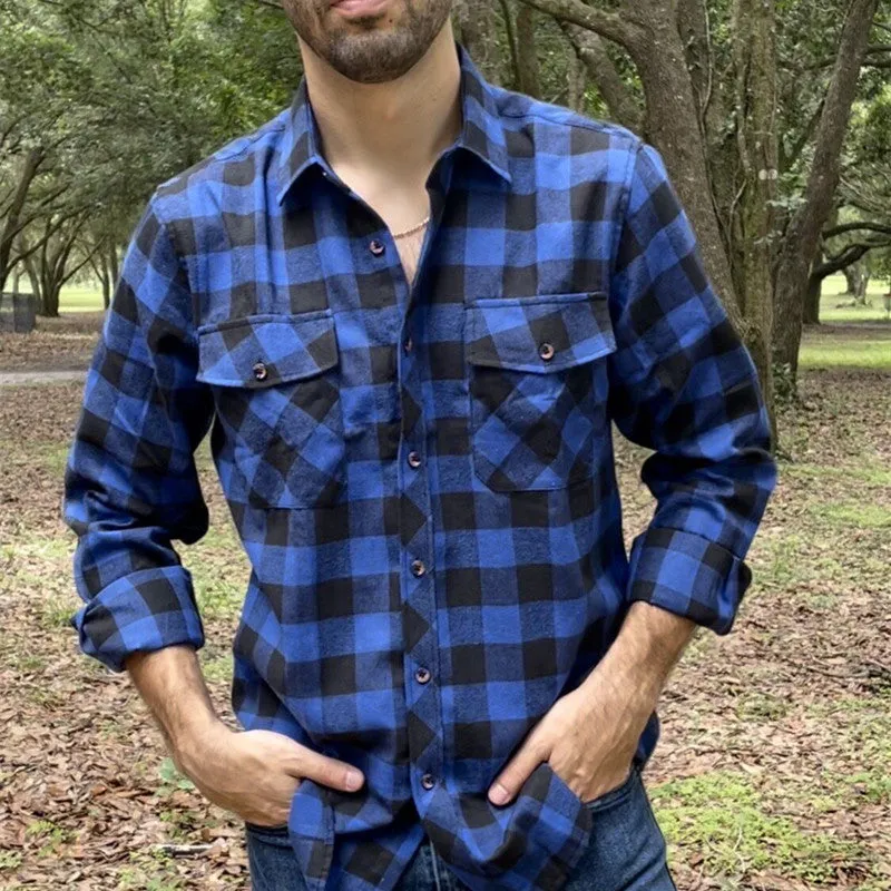 Xituodai Fall Men's Flannel Plaid Long-Sleeved Casual Button Shirt USA Regular Fit Size S To 2XL, Classic Checkered, Double Pock