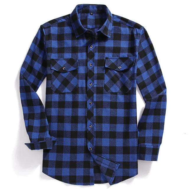 Xituodai Fall Men's Flannel Plaid Long-Sleeved Casual Button Shirt USA Regular Fit Size S To 2XL, Classic Checkered, Double Pock