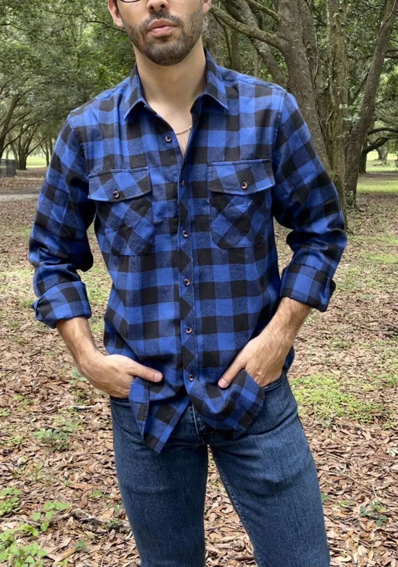 Xituodai Fall Men's Flannel Plaid Long-Sleeved Casual Button Shirt USA Regular Fit Size S To 2XL, Classic Checkered, Double Pock